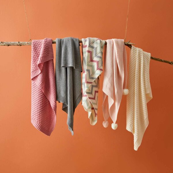 Blush Zig Zag Cotton Knit Baby Blanket & bonus Emma Heart Rattle