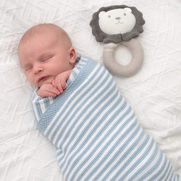 100% Cotton Knit Stripe Baby Blanket- White & Blue
