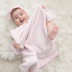 100% Cotton Knit Stripe Baby Blanket- White & Blush Pink