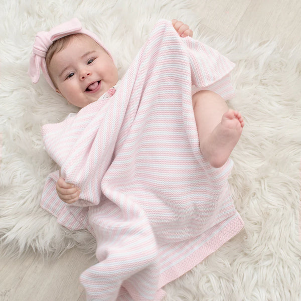 100% Cotton Knit Stripe Baby Blanket- White & Blush Pink