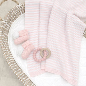100% Cotton Knit Stripe Baby Blanket- White & Blush Pink
