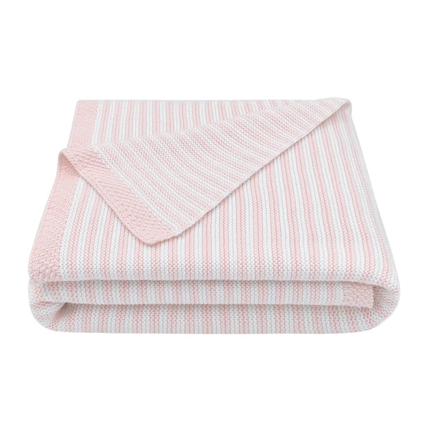 100% Cotton Knit Stripe Baby Blanket- White & Blush Pink