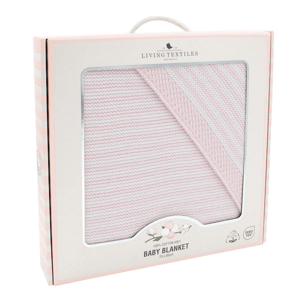 100% Cotton Knit Stripe Baby Blanket- White & Blush Pink