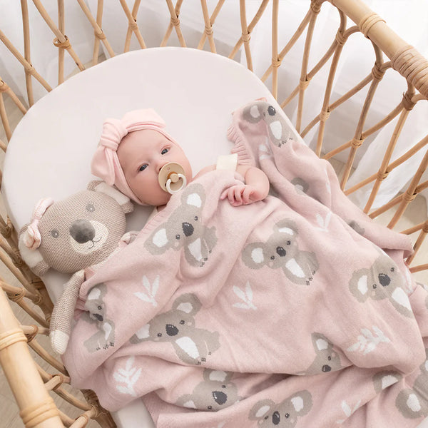 Blush Koala 100 % Cotton Australiana Knitted Baby Blanket