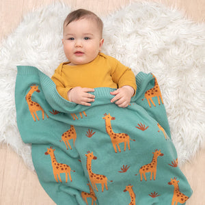 Cute Whimsical 100 % Cotton Knit Giraffe Baby Blanket