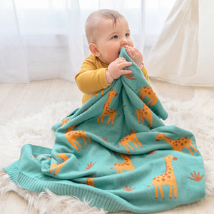 Cute Whimsical 100 % Cotton Knit Giraffe Baby Blanket