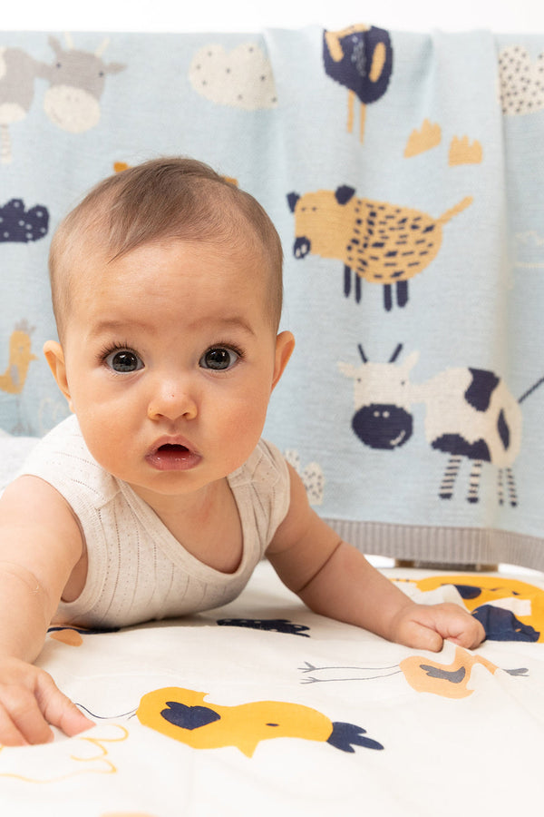 2 pce Farmyard Cotton Knit Baby Blanket & Muslin Swaddle Wrap