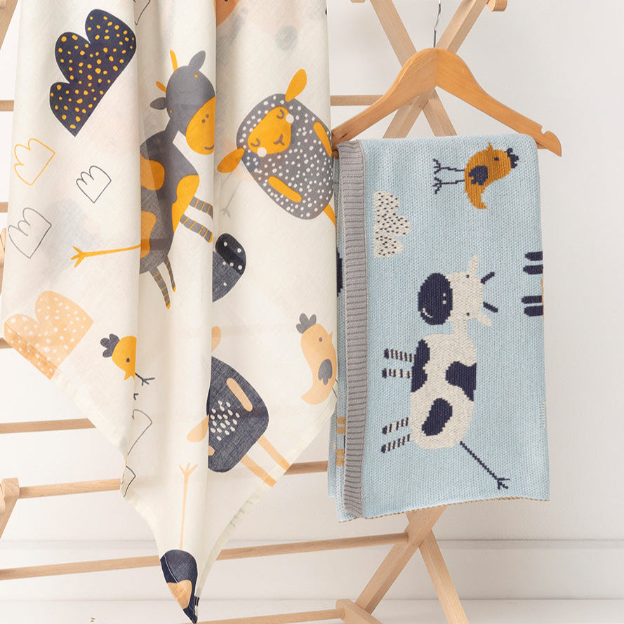 2 pce Farmyard Cotton Knit Baby Blanket & Muslin Swaddle Wrap