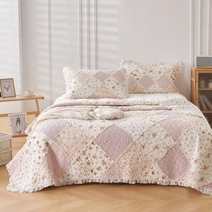 Sarah Rose Pink Floral Patchwork Ruffle Quilted Coverlet Bedcover