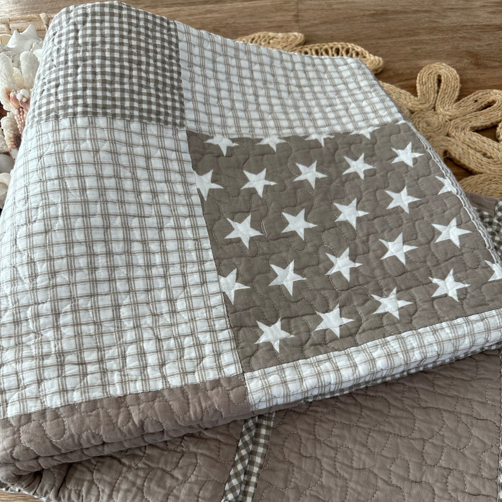 Lachlan Cotton Quilted Patchwork Stars Throw Rug in Neutral