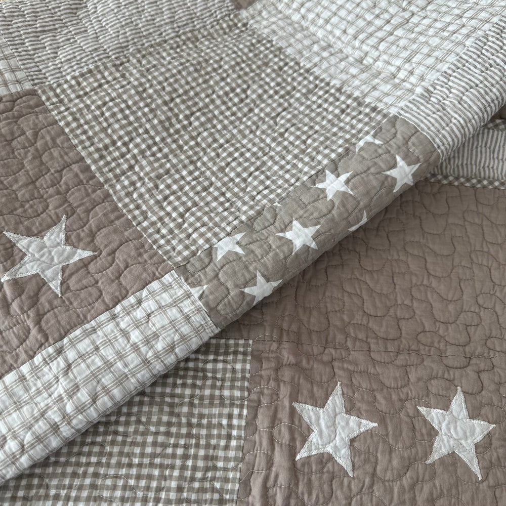 Lachlan Cotton Quilted Patchwork Stars Throw Rug in Neutral