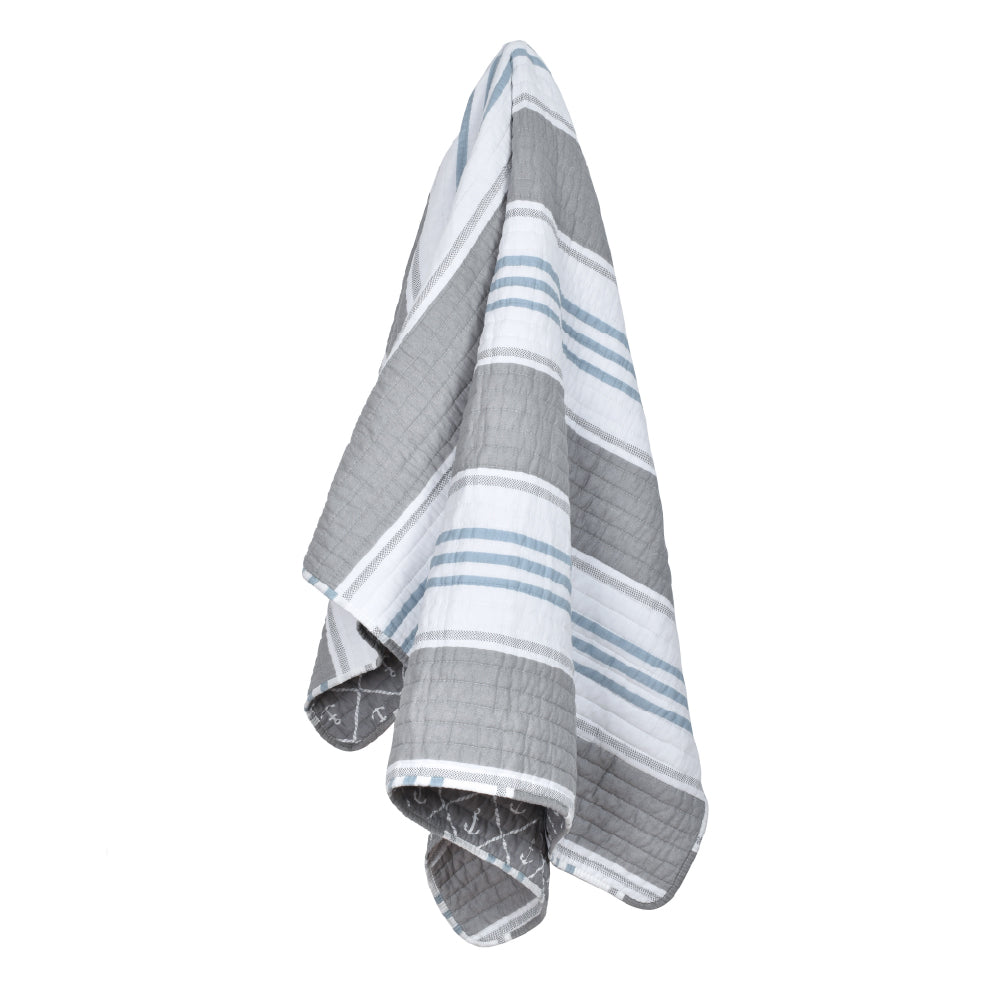 Hamptons Grey Province Multi Stripe Coastal Cotton Quilted Stripe Throw Rug