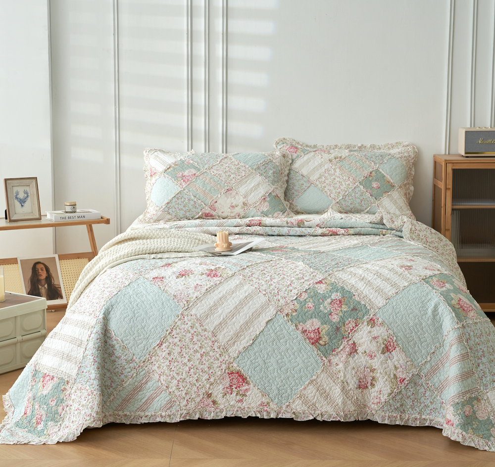 Country Charm Rose Ruffle Floral Patchwork Quilted Coverlet Bedcover Set