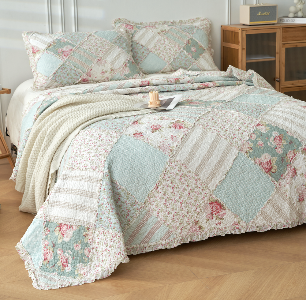 Country Charm Rose Ruffle Floral Patchwork Quilted Coverlet Bedcover Set