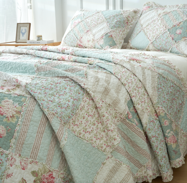Country Charm Rose Ruffle Floral Patchwork Quilted Coverlet Bedcover Set