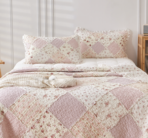 Sarah Rose Pink Floral Patchwork Ruffle Quilted Coverlet Bedcover