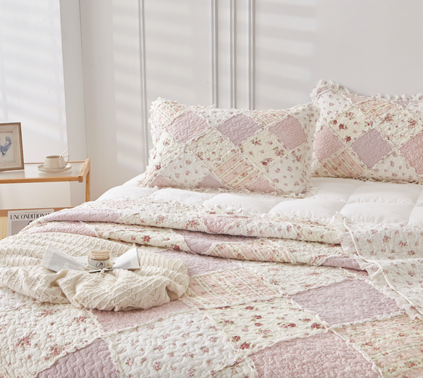 Sarah Rose Pink Floral Patchwork Ruffle Quilted Coverlet Bedcover