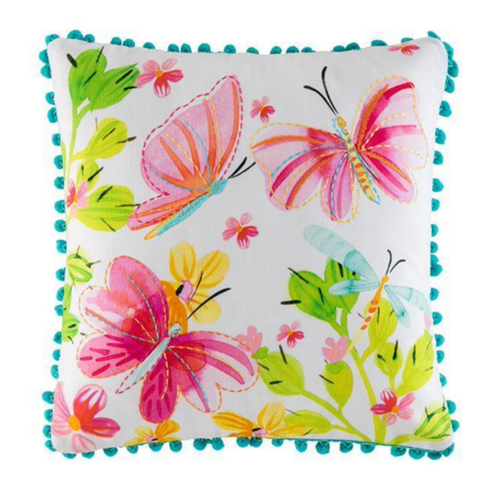 Cactus Square Butterfly Embroidered Pom Pom Cushion