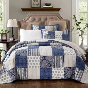 Horizon Blue Multi Quilted Coverlet Printed Patchwork Bedcover