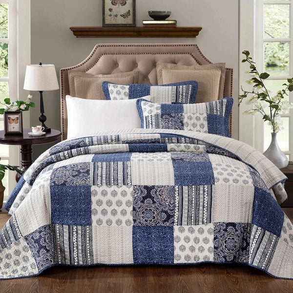 Horizon Blue Multi Quilted Super King Coverlet Bedcover Lovely Linen