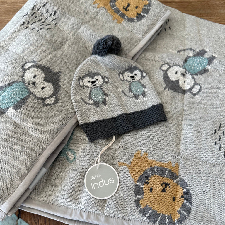 2 piece Jungle Friends Baby Play Mat Blanket Quilt & matching Monkey Baby Beanie