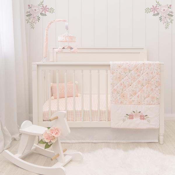 4 piece Meadow Blush Floral Cot Comforter Nursery Set & Bonus Emma Rattle