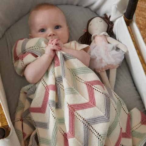 Blush Zig Zag Cotton Knit Baby Blanket & bonus Emma Heart Rattle