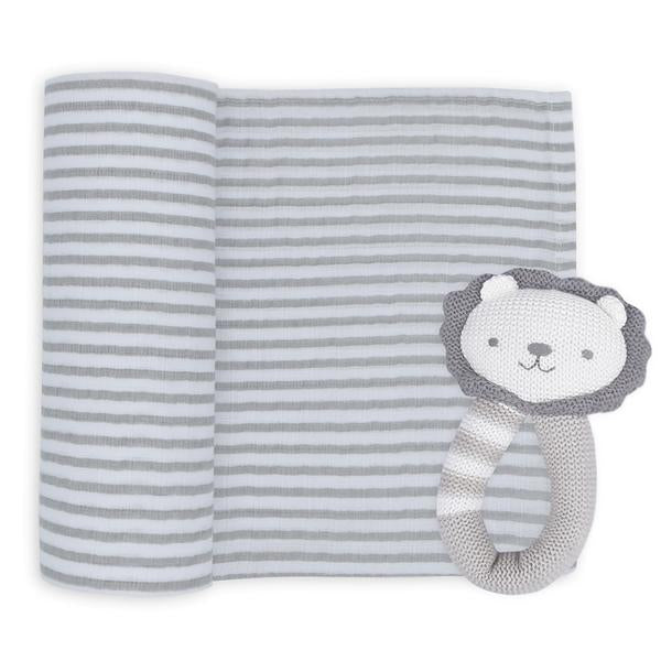 2 Piece Grey Stripe Muslin Swaddle Wrap & Lion Rattle