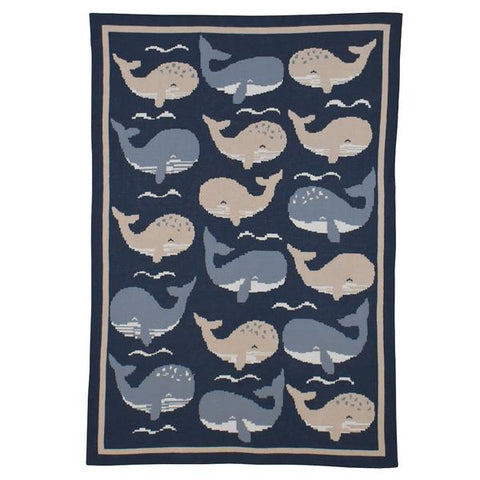 Blue Whales Oceania 100 % Cotton Knitted Baby Bassinet Pram Blanket