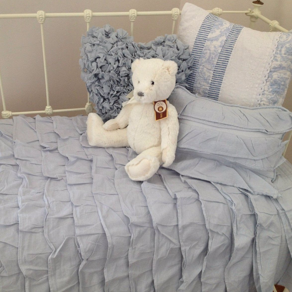 Shabby Chic Ruffle Cot Quilt Cushion Cover Set in Blue