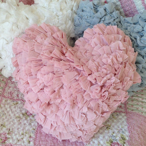 Shabby Chic Ruffle Heart Cushion in Pink White or Blue