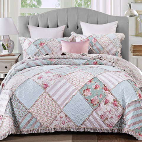 Floral Patchwork Country Charm Rose Ruffle Quilted Coverlet Bedcover Set Available in 4 Sizes
