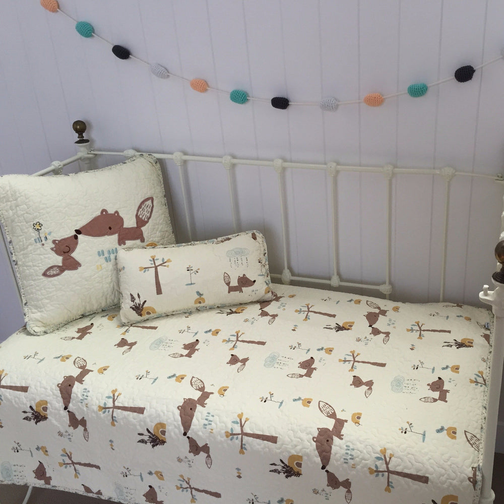 3 pce Squirrel Cotton Cot Quilt & Cushions Package