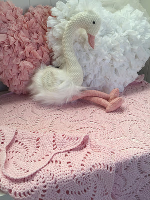 Crochet Swirl Baby Blanket in Blue Pink or Cream with bonus Emma Heart Shaped Rattle