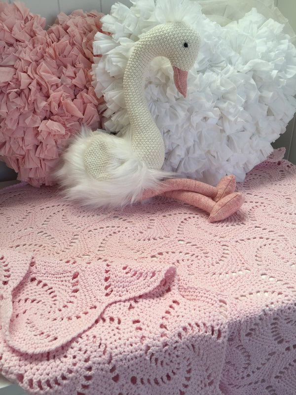 Crochet Swirl Baby Blanket in Blue Pink or Cream with bonus Emma Heart Shaped Rattle