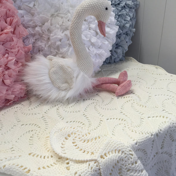Crochet Swirl Baby Blanket in Blue Pink or Cream with bonus Emma Heart Shaped Rattle