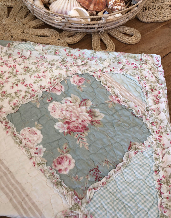 Country Charm Rose Ruffle Floral Patchwork Quilted Coverlet Bedcover Set