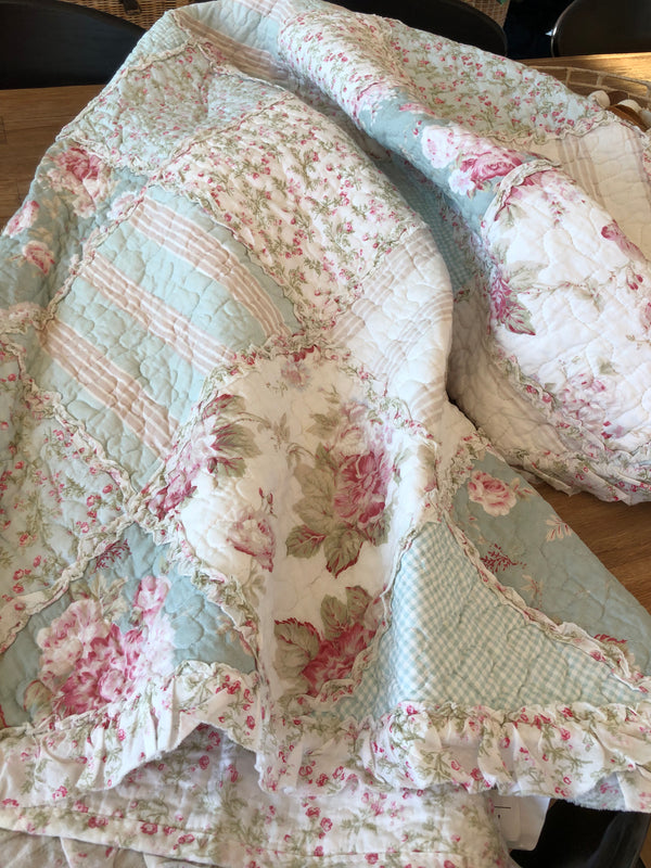 Country Charm Rose Ruffle Floral Patchwork Quilted Coverlet Bedcover Set