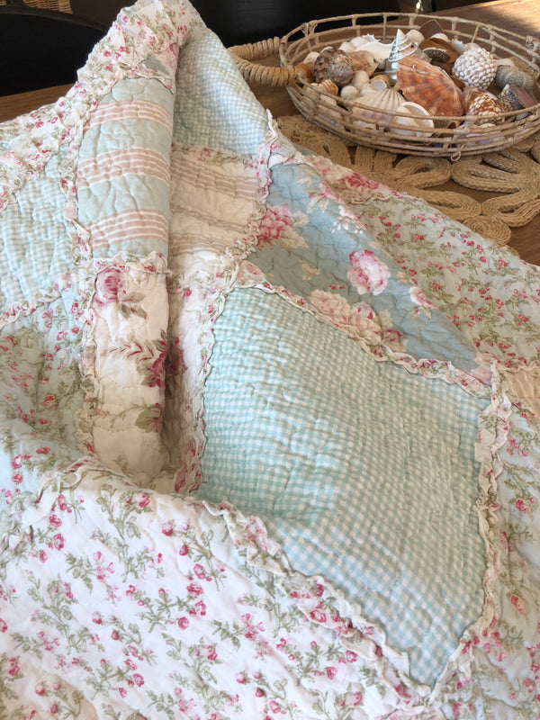 Country Charm Rose Ruffle Floral Patchwork Quilted Coverlet Bedcover Set