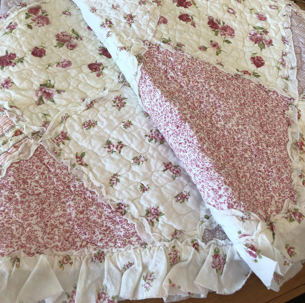 Sarah Rose Pink Floral Patchwork Ruffle Quilted Coverlet Bedcover