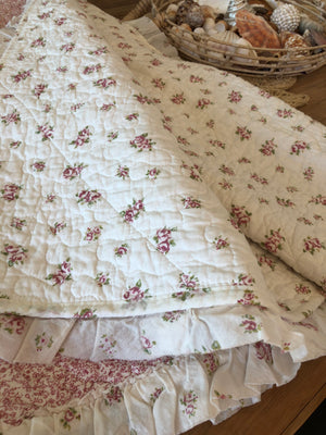 Sarah Rose Pink Floral Patchwork Ruffle Quilted Coverlet Bedcover