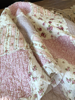 Sarah Rose Pink Floral Patchwork Ruffle Quilted Coverlet Bedcover