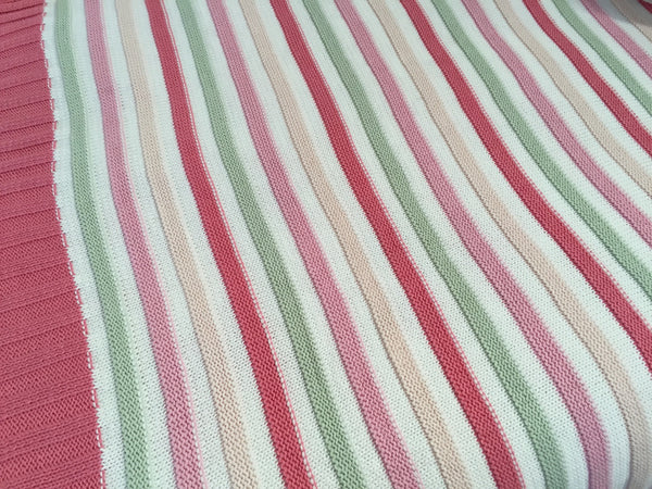 Striped Cotton Knit Baby Cot Pram Blanket in Pink or Blue