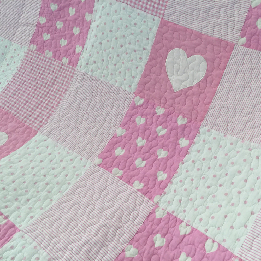 Lucy Pink & White Hearts Patchwork Cotton Quilted Throw Rug