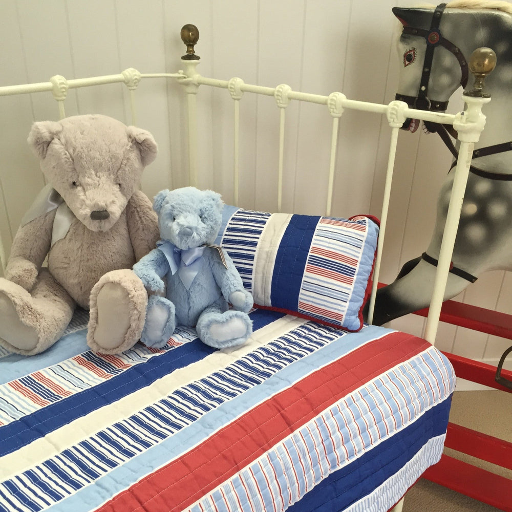 2 pce Eddie Blue multi Stripe Cot Quilt & filled Decorator Cushion Sale