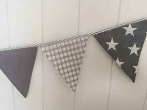 Lachlan Grey & White Bunting Flags -Gingham, Stars, Stripes