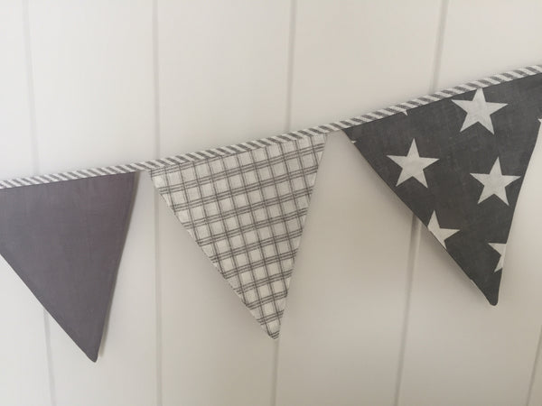 Lachlan Grey & White Bunting Flags -Gingham, Stars, Stripes