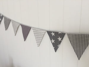 Lachlan Grey & White Bunting Flags -Gingham, Stars, Stripes