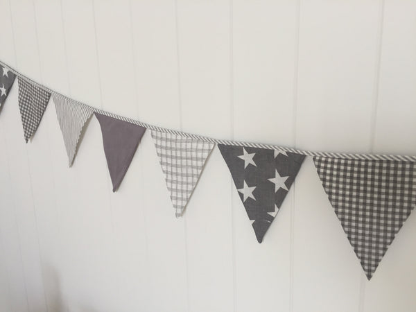 Lachlan Grey & White Bunting Flags -Gingham, Stars, Stripes