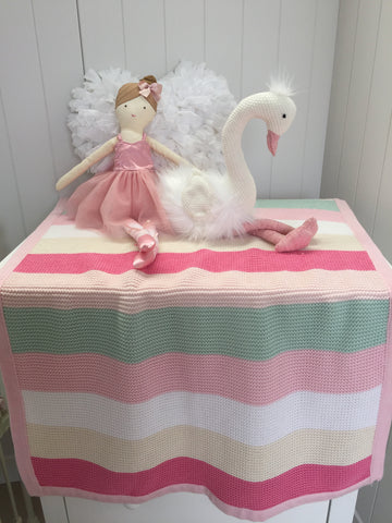 Funky Stripe Pink Pastels Cotton Knit Baby Blanket & Bonus Emma Heart Rattle